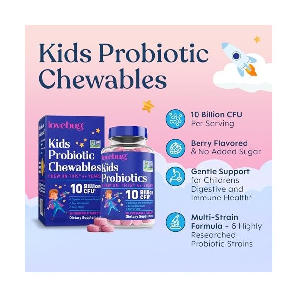 Probiotique Lovebug pour enfants | Multi-souche 10 milliards dUFC | Constipation et inconfort gastrique | Sans sucre | 4 ans