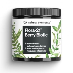 21 Flora Berry Biotic – Poudre pour boisson aux baies – 13 souches de bactéries avec fibres & complexe de vitamines B – 12 mi