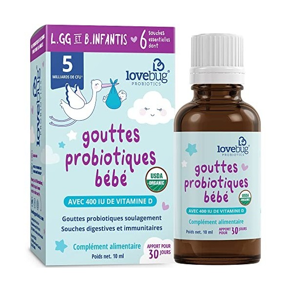 Lovebug Probiotics Gouttes pour bébés pour 0 mois et plus, 10 ml approvisionnement de 30 jours 5 milliards dUFC avec L GG,