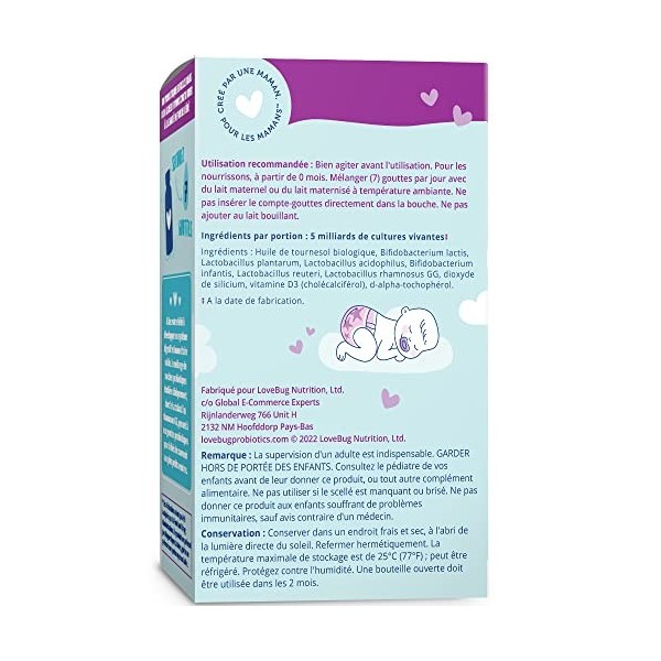 Lovebug Probiotics Gouttes pour bébés pour 0 mois et plus, 10 ml approvisionnement de 30 jours 5 milliards dUFC avec L GG,