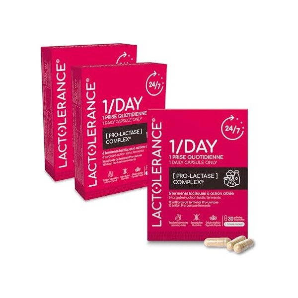 LACTOLERANCE 1/DAY | Précurseur Naturel de Lactase | Pack 3 Mois - 90 Gélules | Améliore la Digestion du Lactose | Protection...