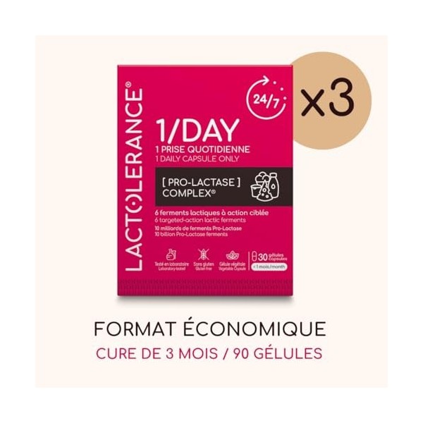 LACTOLERANCE 1/DAY | Précurseur Naturel de Lactase | Pack 3 Mois - 90 Gélules | Améliore la Digestion du Lactose | Protection...