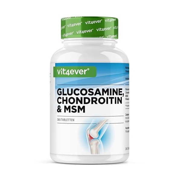 Glucosamine Chondroïtine MSM - 365 Comprimés - Hautement dosé à 2000 mg par jour - 3 mois dapprovisionnement - Sans additifs
