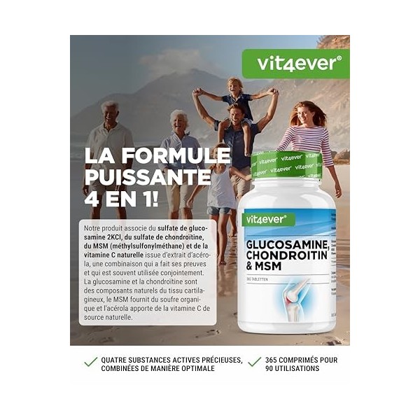 Glucosamine Chondroïtine MSM - 365 Comprimés - Hautement dosé à 2000 mg par jour - 3 mois dapprovisionnement - Sans additifs