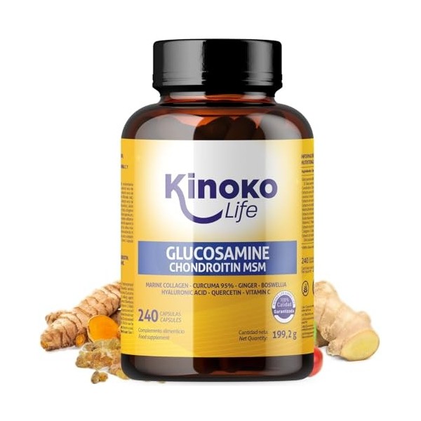 Glucosamine et Chondroïtine 240 gélules avec MSM, collagène marin, acide hyaluronique, curcuma, poivre noir, gingembre, boswe