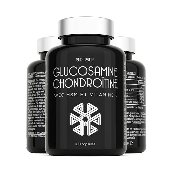 Glucosamine & Chondroïtine – Complexe 1720 mg MSM, Vitamine C, Glucosamine & Chondroïtine – Haute Concentration 120 gélules –