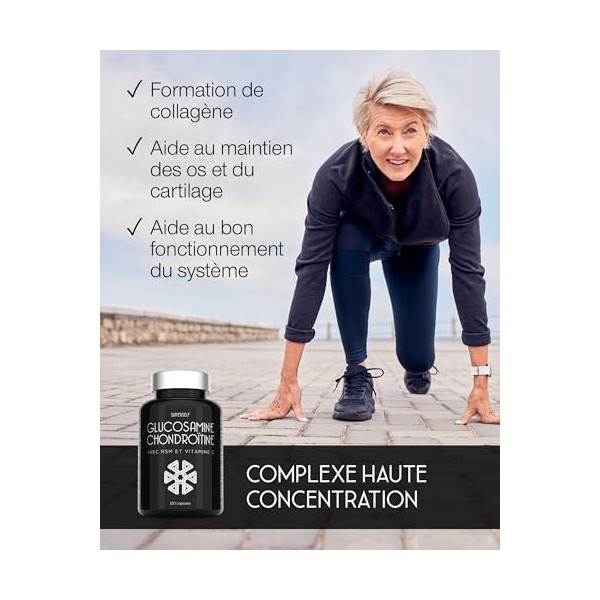 Glucosamine & Chondroïtine – Complexe 1720 mg MSM, Vitamine C, Glucosamine & Chondroïtine – Haute Concentration 120 gélules –