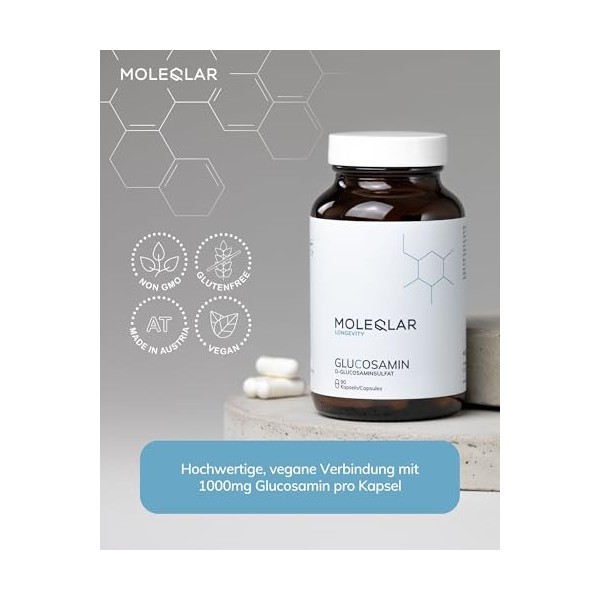 MoleQlar Glucosamine haute dose 90 gélules – 1000 mg/portion, sulfate pur biodisponible, végan, sans gluten