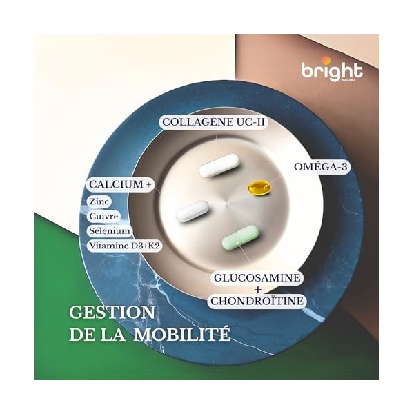 Collagène UC2 + Glucosamine + Chondroïtine + Calcium + Vitamine D3 + Oméga 3 + Vitamine C – Gestion Articulaire, 4 Complément