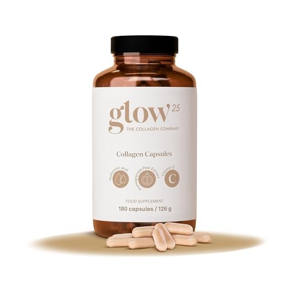 Glow25® Gélules de collagène [180 gélules] avec acide hyaluronique et vitamine C | Complément Alimentaire | Collagène hydroly