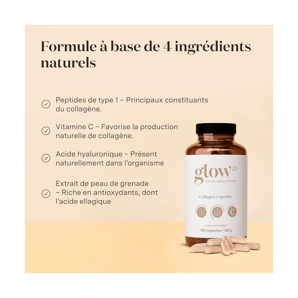 Glow25® Gélules de collagène [180 gélules] avec acide hyaluronique et vitamine C | Complément Alimentaire | Collagène hydroly