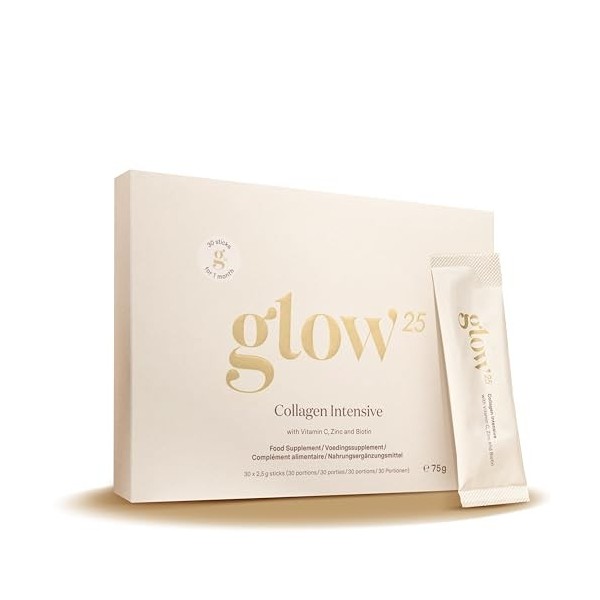 Glow25® Collagène Intensif [30 sticks] – Collagène marin – avec tripeptides, vitamine C, zinc et biotine – Hydrolysat de coll