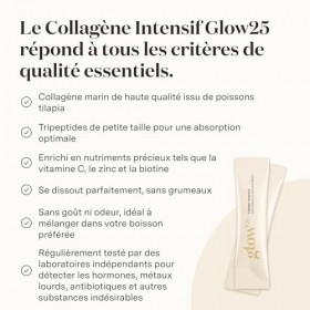 Glow25® Collagène Intensif [30 sticks] – Collagène marin – avec tripeptides, vitamine C, zinc et biotine – Hydrolysat de coll