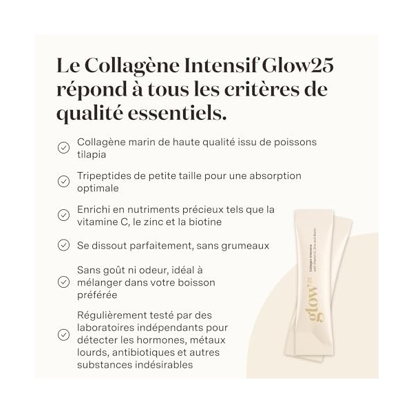Glow25® Collagène Intensif [30 sticks] – Collagène marin – avec tripeptides, vitamine C, zinc et biotine – Hydrolysat de coll