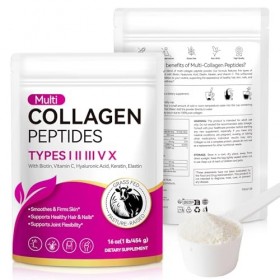 Poudre de collagène, poudre de collagène, 5 types de peptides de collagène, très efficace, 454 g, peptide de type 1 et 3, ave