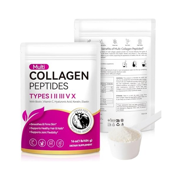 Poudre de collagène, poudre de collagène, 5 types de peptides de collagène, très efficace, 454 g, peptide de type 1 et 3, ave