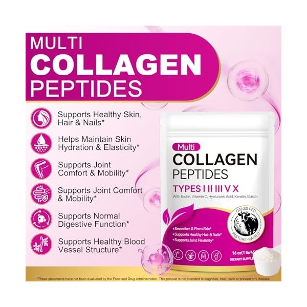 Poudre de collagène, poudre de collagène, 5 types de peptides de collagène, très efficace, 454 g, peptide de type 1 et 3, ave