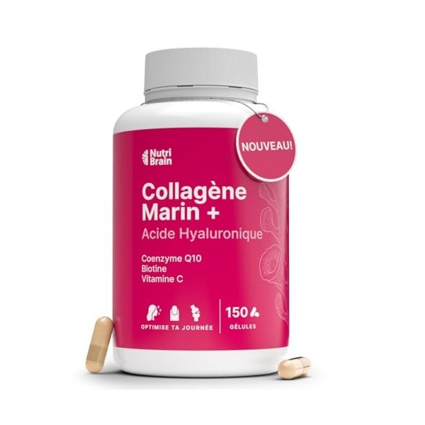 Collagène Marin Hydrolysé Pur + Acide Hyaluronique, Coenzyme Q10, Biotine & Vitamine C | 150 Gélules | Haute Biodisponibilité