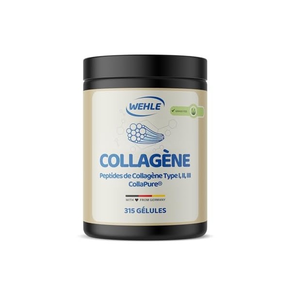 Collagene en Gélules - 315 Gélules - 4550 mg Peptides de Collagène par Dose Journalière - Type I, II & III CollaPure® - Grass...
