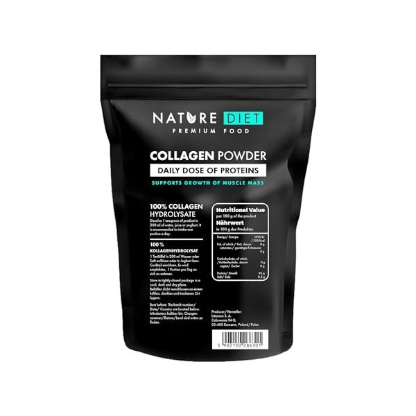 Nature Diet - Poudre de collagène Type I, III | 600 g | Hydrolysat | Sans saveur | Peptides de collagène