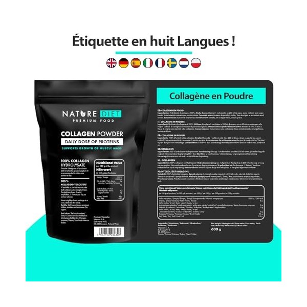 Nature Diet - Poudre de collagène Type I, III | 600 g | Hydrolysat | Sans saveur | Peptides de collagène