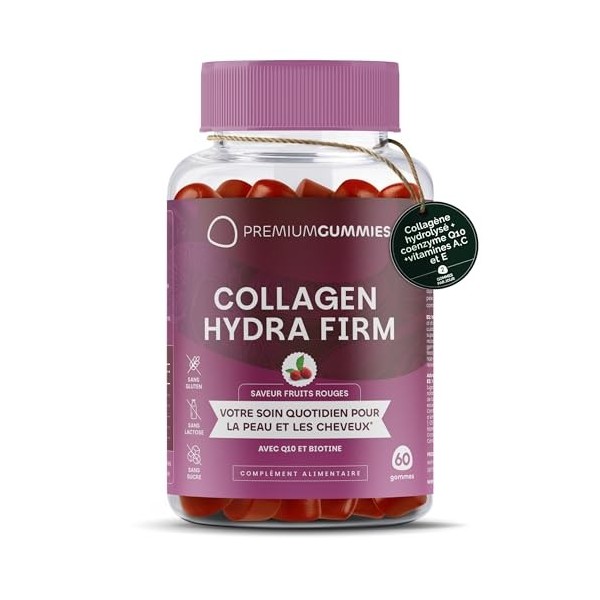 Collagène avec biotine, coenzyme Q10, vitamines A, C et E - Goût fruits rouges - Supplément pour prendre soin de votre peau -