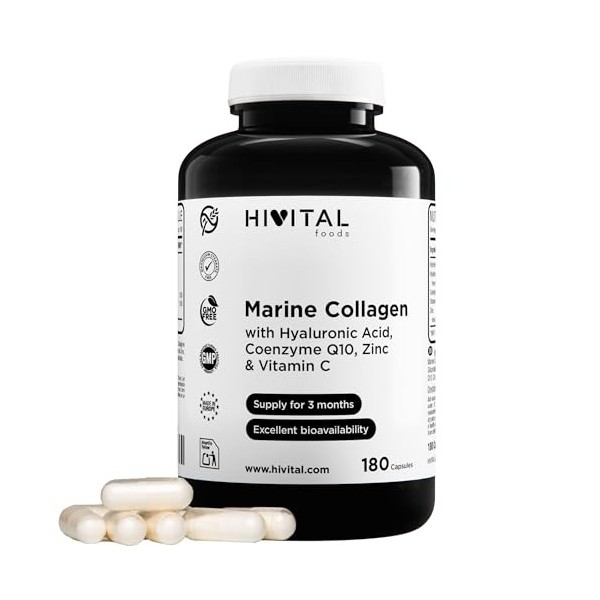 Collagène Marin avec Acide Hyaluronique, Coenzyme Q10, Vitamine C et Zinc. 180 gélules pour 3 mois de traitement. 900 mg de p