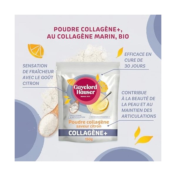 GAYELORD HAUSER - Collagène Marin Hydrolysé BIO en poudre - Complément Alimentaire - Saveur Citron - Enrichi Vitamine C - Pea