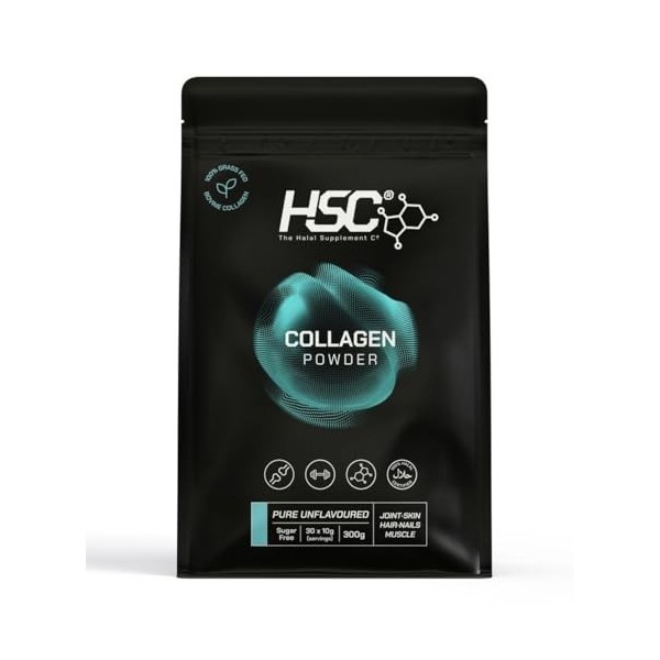 The Halal Supplement Co. - Poudre de peptides de collagène bovin halal 300g pour cheveux, peau, ongles, articulations et musc