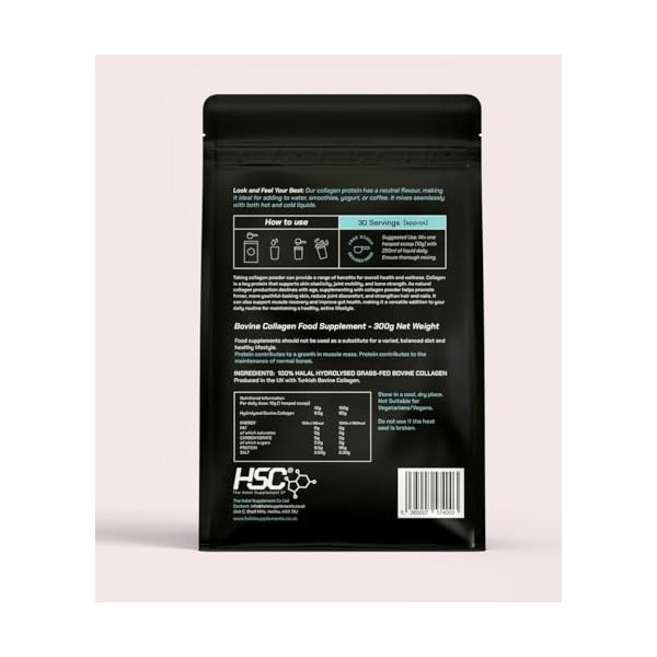 The Halal Supplement Co. - Poudre de peptides de collagène bovin halal 300g pour cheveux, peau, ongles, articulations et musc