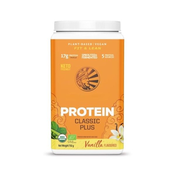 Sunwariior Classic Plus Protéines bio aromatisées à la vanille sans gluten, sans produits laitiers, 750 g en poudre
