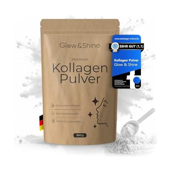Glow & Shine Poudre de collagène 500 g - Hydrolysat de qualité supérieure [embouteillé en Allemagne] | 100 % pur et sans addi