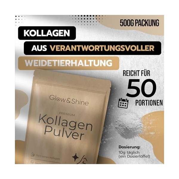 Glow & Shine Poudre de collagène 500 g - Hydrolysat de qualité supérieure [embouteillé en Allemagne] | 100 % pur et sans addi