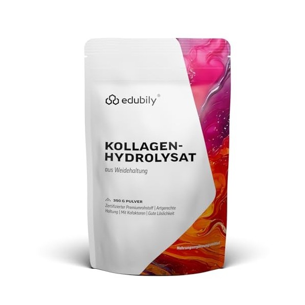 edubily Poudre de collagène 350 g • En pâturage • Hydrolysat de collagène de qualité supérieure avec vitamine C, cuivre, ma