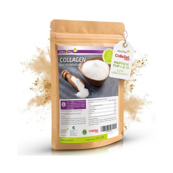 Vita2You Poudre de collagène 1000 g - 100 % collagène bioactif - Solugel® - issus de lélevage - Peptides hydrolysats de type