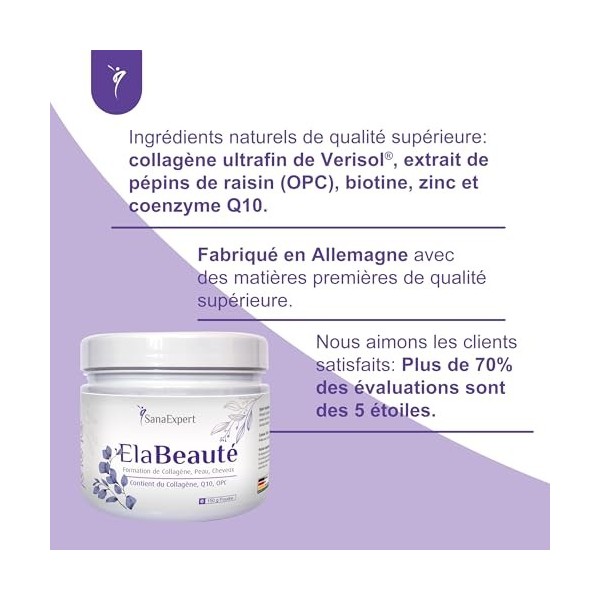 SanaExpert ElaBeauté | COLLAGÈNE POUR LA BEAUTÉ DE LA PEAU | avec Q10, OPC, biotine, zinc et vitamines 150 grammes . Ingrédi