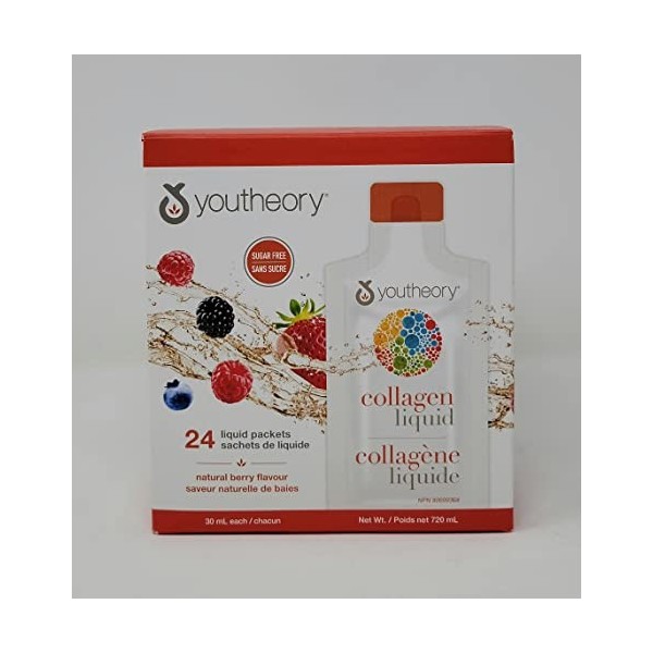 Youtheory Liquide de collagène de baies naturel sans sucre, formule de peau saine, 24 paquets liquides 720 ml Collagène