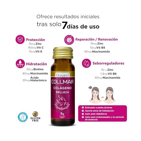 Collmar - Collagène liquide à boire - Collagène hydrolysé - Réduction des rides - Peau revitalisée - Collagène marin, acide h