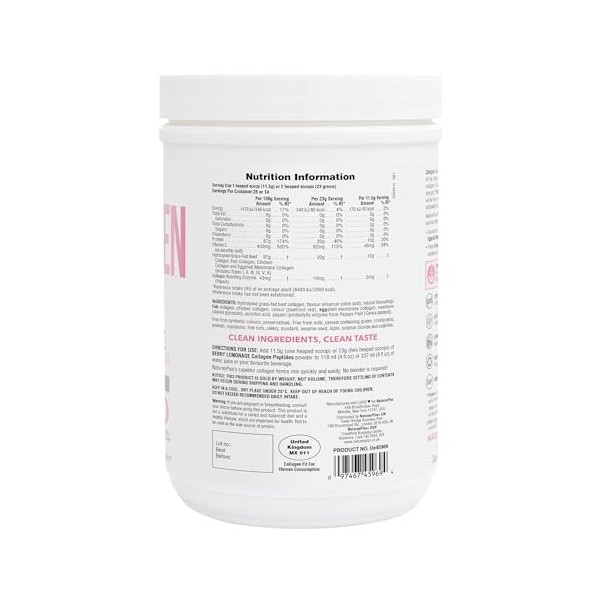 NaturesPlus Poudre de peptides de collagène Limonade de baies – Supplément de collagène hydrolysé durable, 6 principaux types