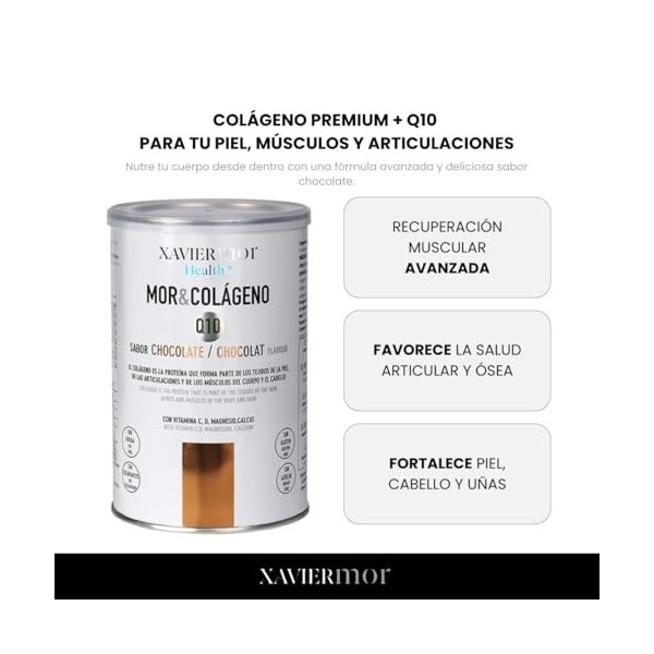 XAVIERMOR Collagène + Q10 Chocolat 300g - Supplément avec Collagène Hydrolysé, Coenzyme Q10, Magnésium, Calcium, Vitamines C