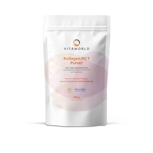 Vitaworld Poudre de collagène MCT Grassfed, 30 portions, issue dun élevage de pâturage certifié, complexe de collagène bioac