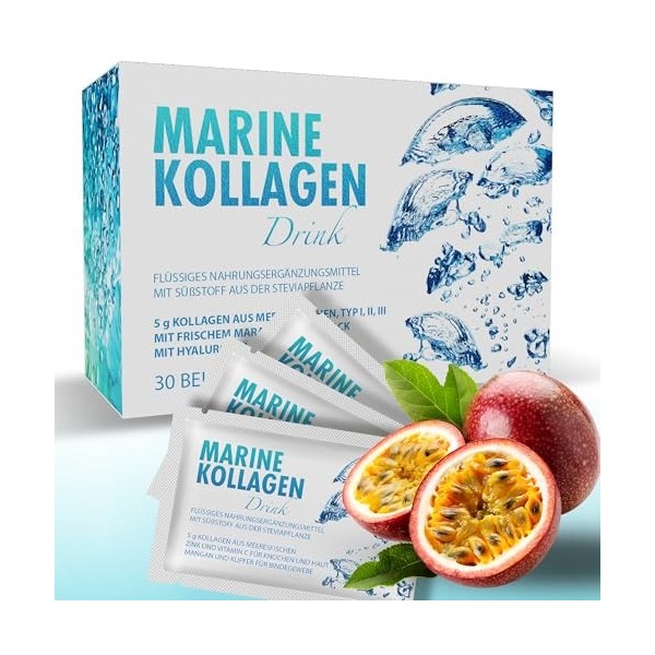 Boisson au collagène marine - 5 g de collagène marin hydrolysé - Type I, II et III - Avec vitamine C et zinc - Pour la peau, ...
