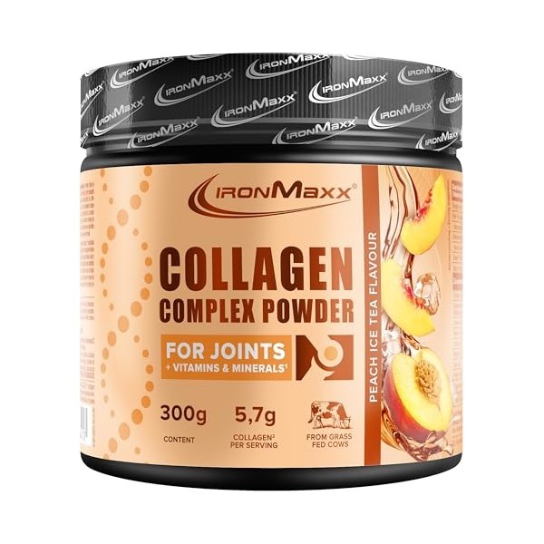 IronMaxx Poudre complexe de collagène – Peach Ice Tea 300 g | De vaches nourries à lherbe | Pour les articulations avec des