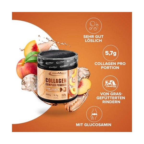 IronMaxx Poudre complexe de collagène – Peach Ice Tea 300 g | De vaches nourries à lherbe | Pour les articulations avec des