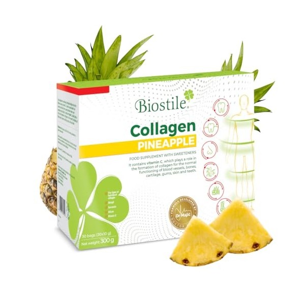Biostile Collagen Pineapple - 30 sachets avec 5 sources de collagène hydrolysé, vitamine C, curcumine et shilajit pour peau,