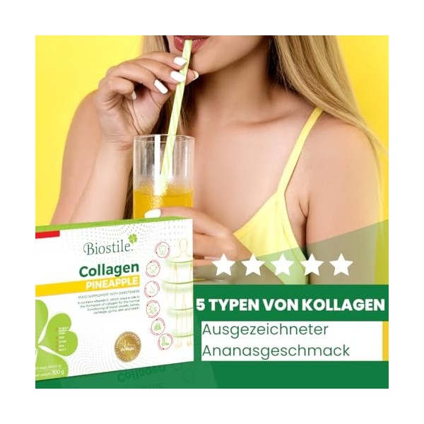 Biostile Collagen Pineapple - 30 sachets avec 5 sources de collagène hydrolysé, vitamine C, curcumine et shilajit pour peau,
