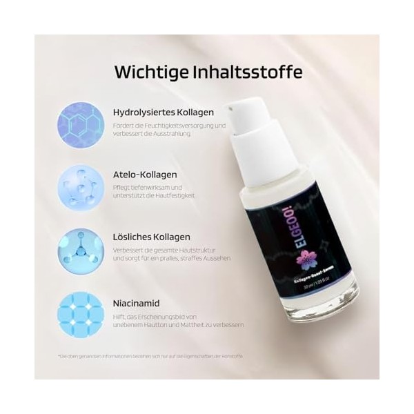 ELGEOO Sérum au collagène Booster - Sérum visage anti-âge végétalien avec acide hyaluronique et huile de tournesol - Hydrate 