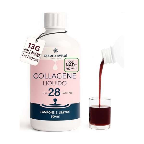 Essenzavital Collagène hydrolysé liquide buvable avec NAD+ et acide hyaluronique pour femmes - 13 g par dose - peau, cheveux 