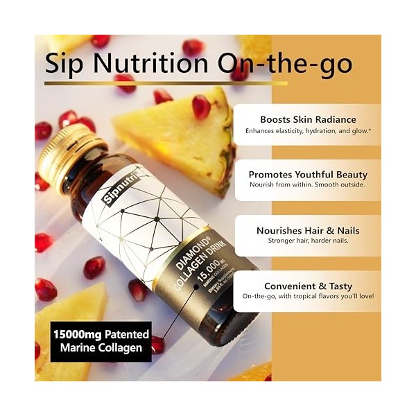 Sipnutri Diamond Lot de 10 bouteilles de collagène liquide hydrolysé avec vitamine C, grenade, cheveux sains, peau, ongles, a