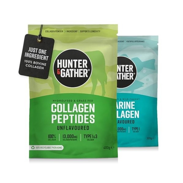 Hunter & Gather Collagène Bovin 400g & Marin 300g | Provenant de Bovins Nourris à lHerbe et de Poissons Sauvages Pêchés | Su